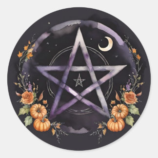 Adesivo Redondo Samhain Pentacle & Fall Pumpkins Witch