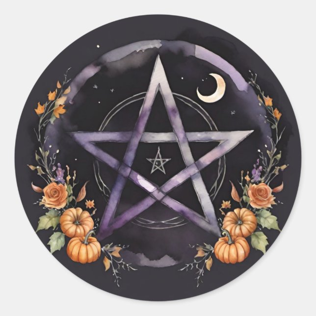 Adesivo Redondo Samhain Pentáculo & Abóbora de Outono Bruxa (Frente)