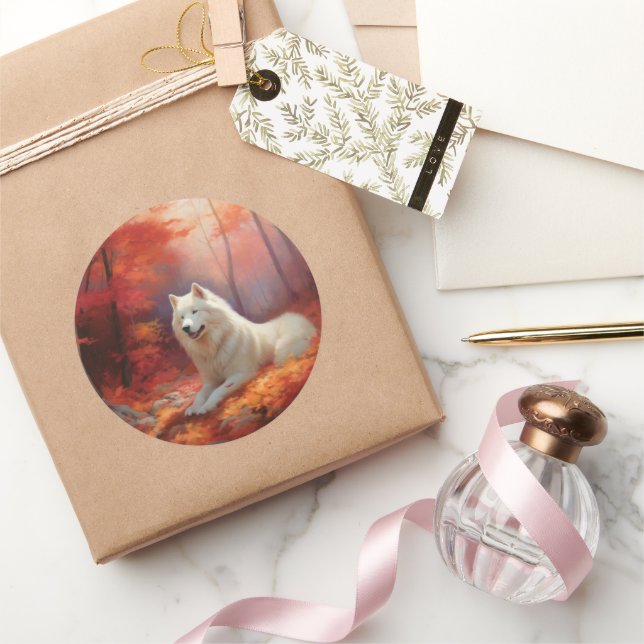 Adesivo Redondo Samoia nas Folhas do outono cai inspirada (Presentear)