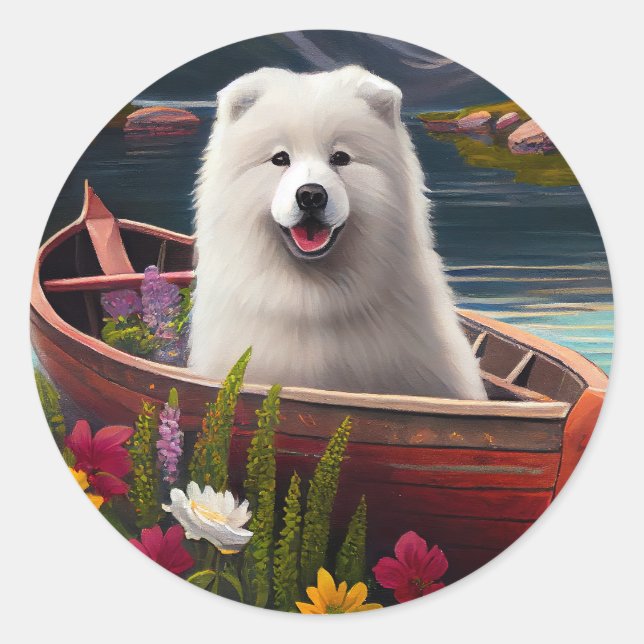 Adesivo Redondo Samoyed em um Paddle: Uma Aventura Cênica (Frente)