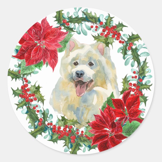 Adesivo Redondo Samoyed Poinsettia Holly Holiday Wreath (Frente)
