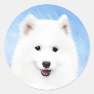 Adesivo Redondo Samoyed Puppy Painting - Cute Original Dog Art