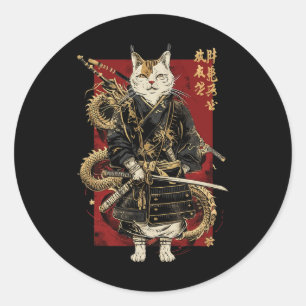 Adesivo Redondo Samurai Cat Com Dragão Japonês Kanji