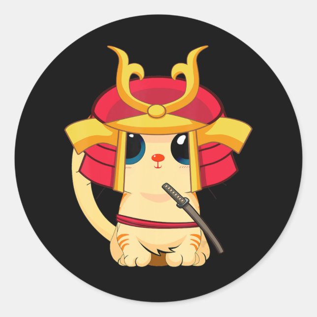 Adesivo Redondo Samurai Cat Cute Japonês Cosplay Halloween (Frente)