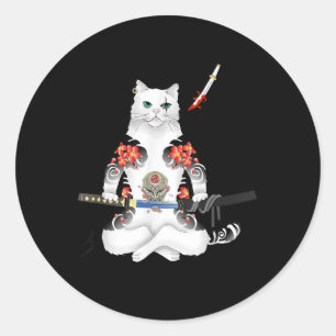 Adesivo Redondo Samurai Cat Katana Ninja Yakuza Tattoo