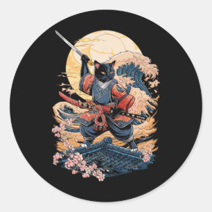 Adesivo Redondo Samurai Cat Ninja