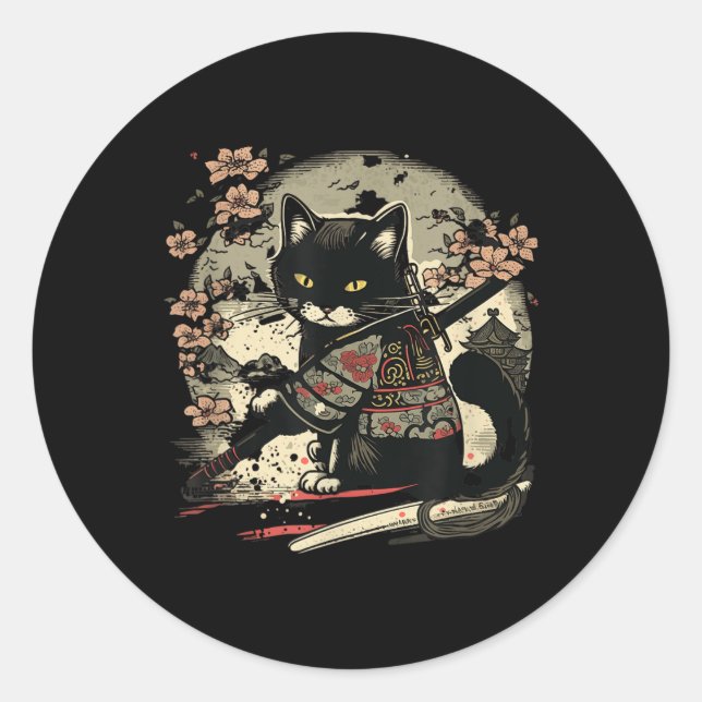Adesivo Redondo Samurai Cat Tattoo, Vintage Kawaii Ninja (Frente)