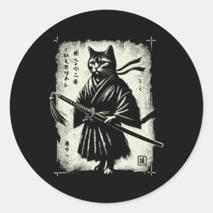 Adesivo Redondo Samurai Cat Ukiyo-e Warrior Art Graphic Sumi-e Cat