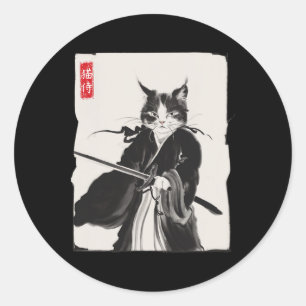 Adesivo Redondo Samurai Cat Warrior Ink Art Engraçado Estilo Japon