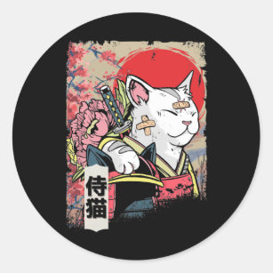 Adesivo Redondo Samurai Cat Warrior Japão Ninja Kitten