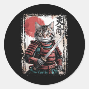Adesivo Redondo Samurai Cat Warrior Ukiyo Ink Trabalho de arte Cat