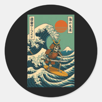Adesivo Redondo Samurai Esqueleto Surfando Onda Japonesa