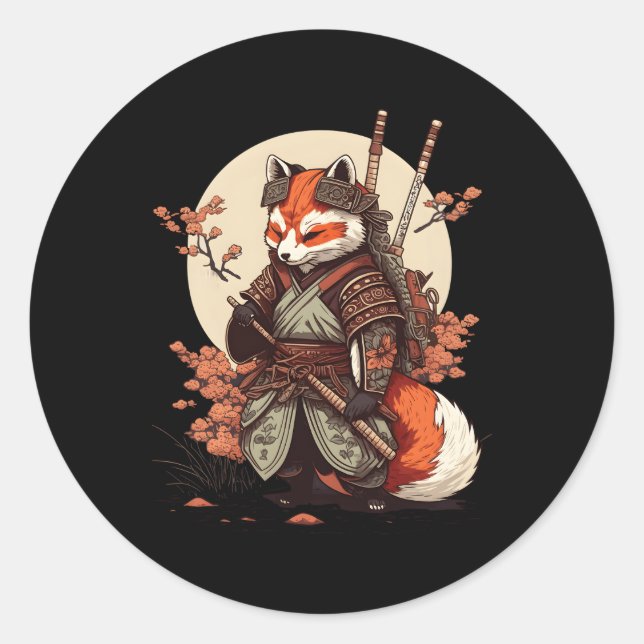 Adesivo Redondo Samurai Fox Warrior Japonês Ninja Fox Kawaii (Frente)