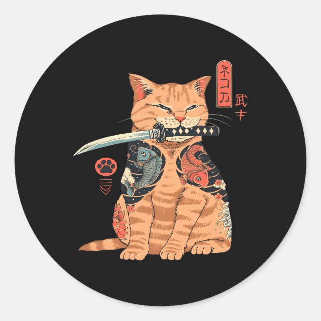 Adesivo Redondo Samurai Ninja Cat Kawaii Tattoo (Frente)