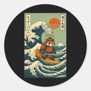 Adesivo Redondo Samurai Panda Vermelho Surfando Onda Japonesa 