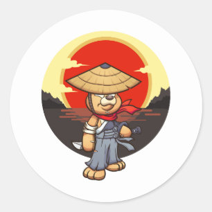 Adesivo Redondo samurai teddy bear personagem com pôr do sol