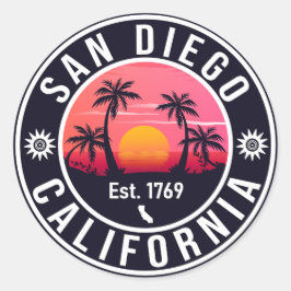 Adesivo Redondo San Diego California Retro Sunset Souvenirs 80s