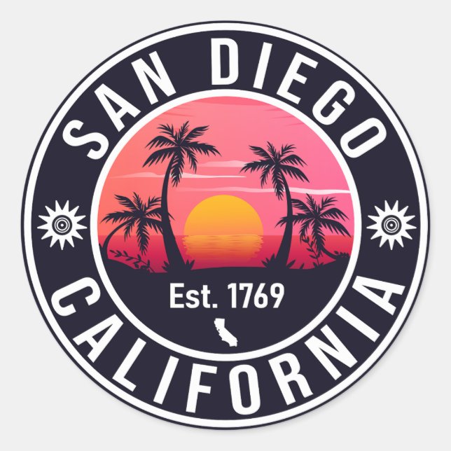 Adesivo Redondo San Diego California Retro Sunset Souvenirs 80s (Frente)