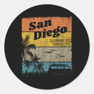 Adesivo Redondo San Diego Vintage Califórnia Praia Surf Retro S