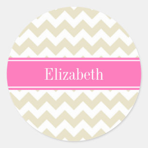 Adesivo Redondo Sand Beige White Chevron Rosa Quente #2 Nome Monog