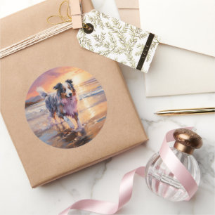 Adesivo Redondo Sandy Australian Shepherd Dog on Beach Sunset