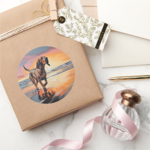 Adesivo Redondo Sandy Paws Bloodhound Dog em Beach Sunset