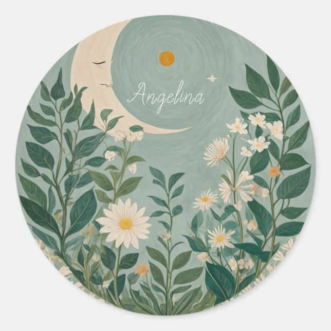 Adesivo Redondo Sangue Lua: Pastel Floral e Lua Crescente (Frente)