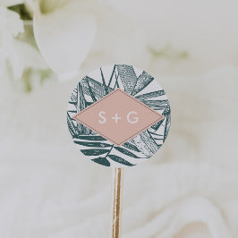 Adesivo Redondo Sanibel | Monograma de Casamento Botânico Tropical