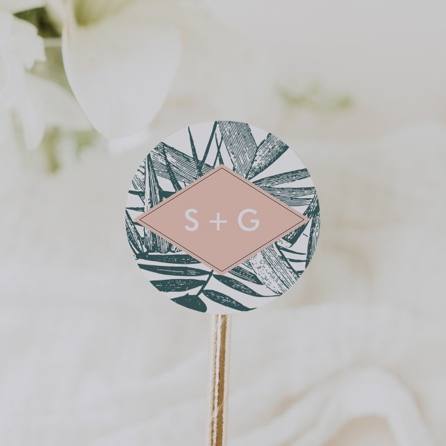 Adesivo Redondo Sanibel | Monograma de Casamento Botânico Tropical (Criador carregado)