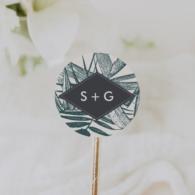 Adesivo Redondo Sanibel | Monograma de Casamento Tropical de Vinta (Criador carregado)