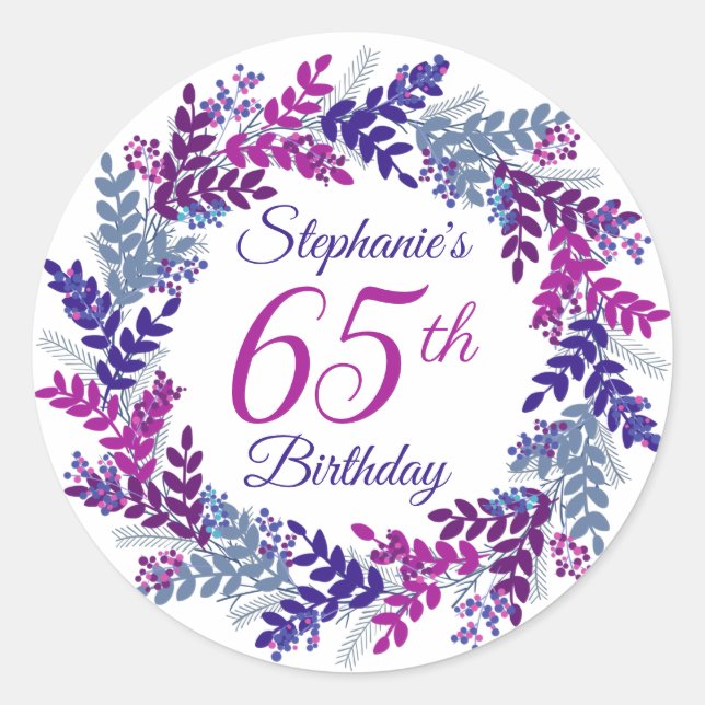 Adesivo Redondo Sanita rosa púrpura Elegante 65.o aniversário (Frente)