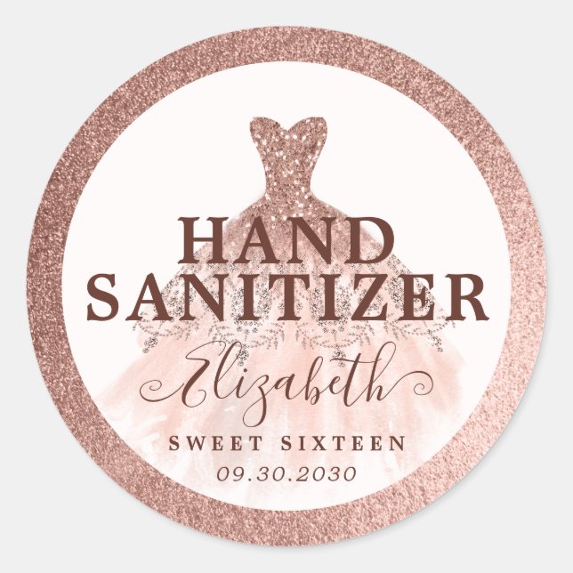 Adesivo Redondo Sanitizador de Aniversário de rosa Dourado Glitter (Frente)