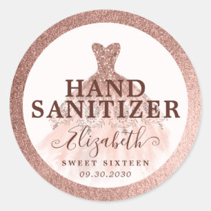 Adesivo Redondo Sanitizador de Aniversário de rosa Dourado Glitter