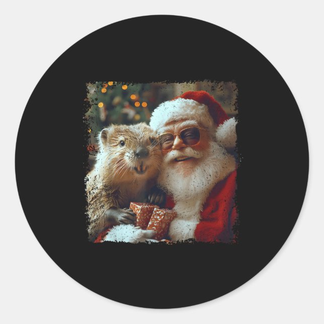 Adesivo Redondo Santa And Beaver Selfie Funny Christmas Design  (Frente)