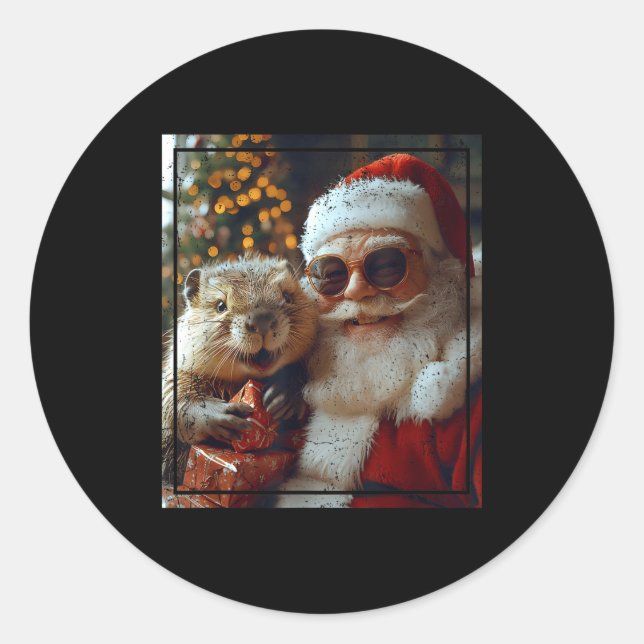 Adesivo Redondo Santa And Beaver Selfie Funny Christmas Design  (Frente)