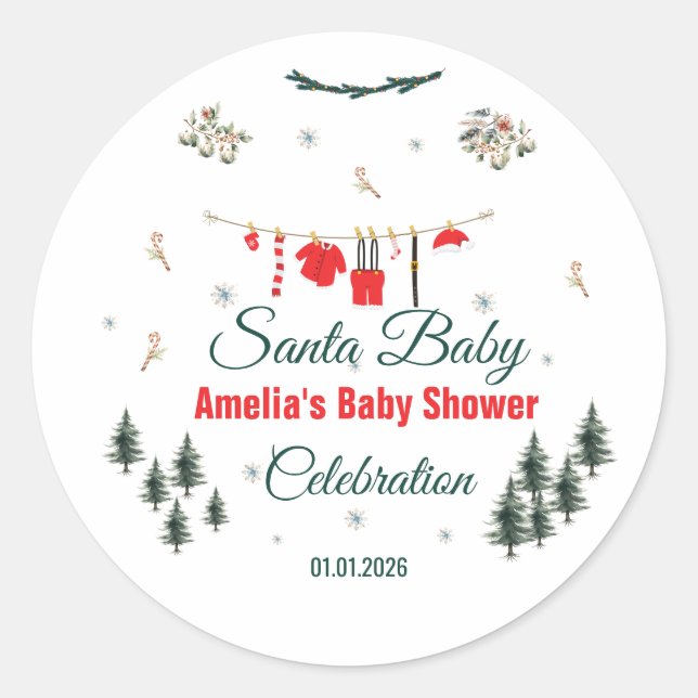 Adesivo Redondo Santa Baby Christmas Theme Baby Shower  (Frente)