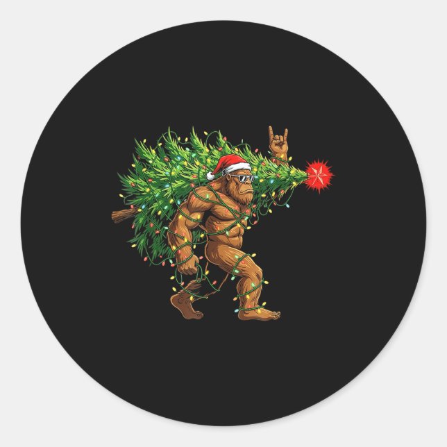 Adesivo Redondo Santa Bigfoot Christmas Tree Xmas Lights Funny Sas (Frente)