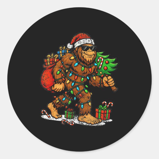 Adesivo Redondo Santa Bigfoot Christmas Tree Xmas Lights Funny Sas (Frente)