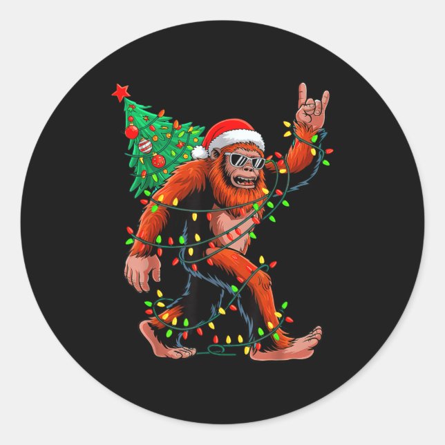 Adesivo Redondo Santa Bigfoot Christmas Tree Xmas Lights Sasquatch (Frente)