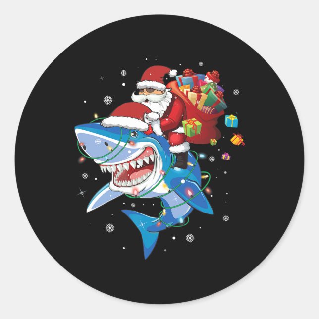 Adesivo Redondo Santa Claus Andando De Tubarão Feliz Natal Xma (Frente)