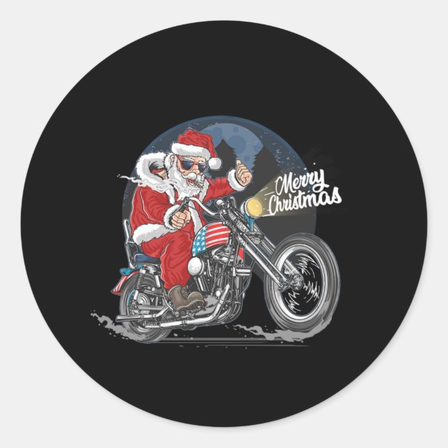 Adesivo Redondo Santa Claus Biker EUA Bandeira Moto Natal Gif (Frente)