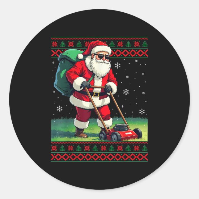 Adesivo Redondo Santa Claus Mowing Lawn Ugly Christmas Holiday Boy (Frente)