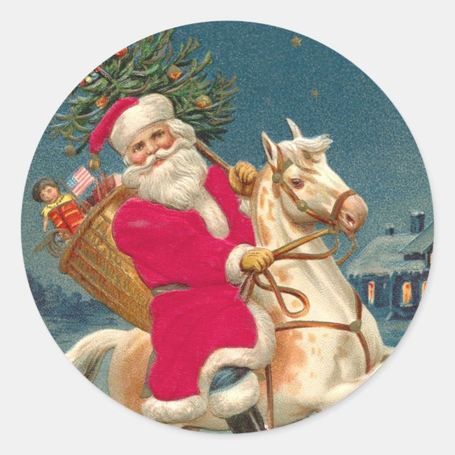 Adesivo Redondo Santa Claus on a wooden horse (Frente)