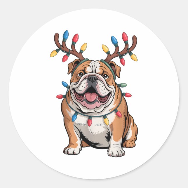 Adesivo Redondo Santa English Bulldog Reindeer Light Christmas  (Frente)