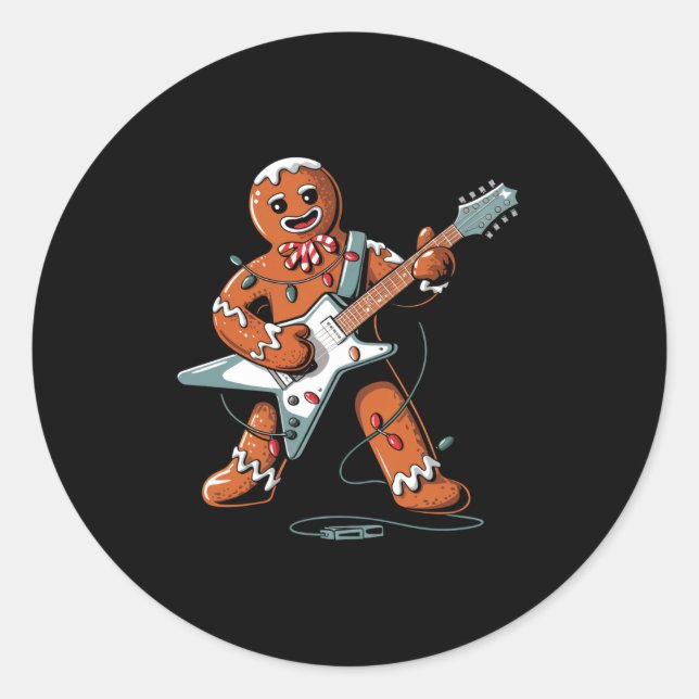 Adesivo Redondo Santa Gingerbread Playing Guitar Funny Christmas P (Frente)