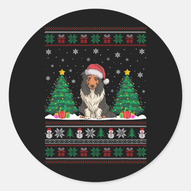 Adesivo Redondo Santa Hat Bearded Collie Dog Xmas Tree Luzes Feias (Frente)