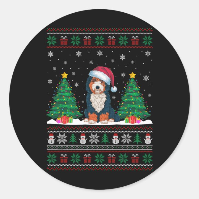 Adesivo Redondo Santa Hat Bernedoodle Cão Cachorro Árvore de Natal (Frente)