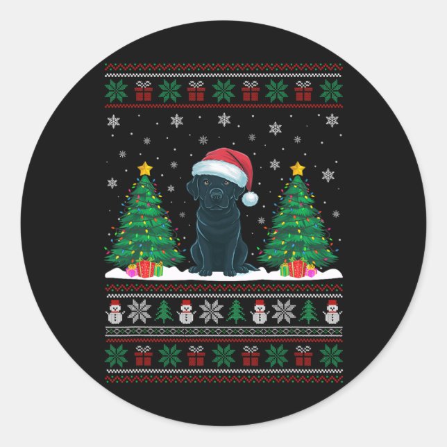 Adesivo Redondo Santa Hat Black Labrador Dog Xmas Tree Luzes Feias (Frente)