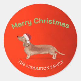 Adesivo Redondo Santa Hat Dog Tan Dachshund Red Felry Natal