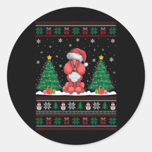 Adesivo Redondo Santa Hat Poodle Cão Árvore de Natal Luzes Feias